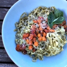 Pasta with homemade pesto and charred tomatoes
